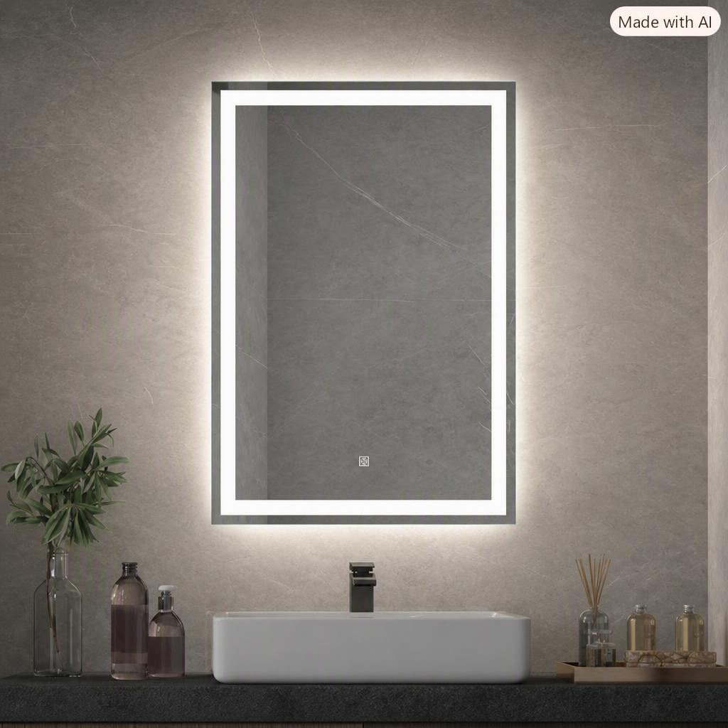 Frameless LED Bathroom Mirror, Inner Etched Front and Backlit - JTBM-R01-Rectangle