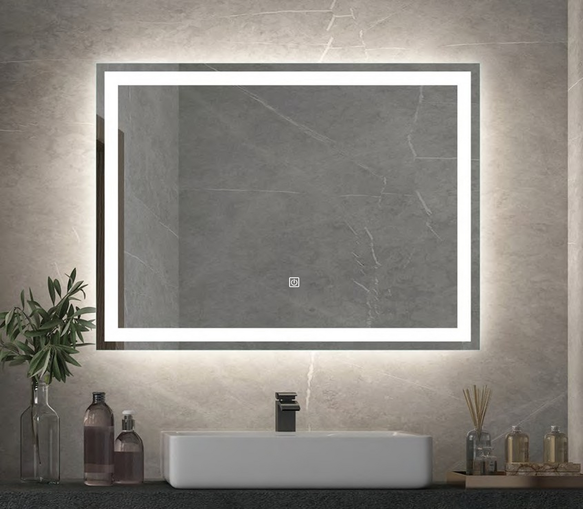 Frameless LED Bathroom Mirror, Inner Etched Front and Backlit - JTBM-R01-Rectangle