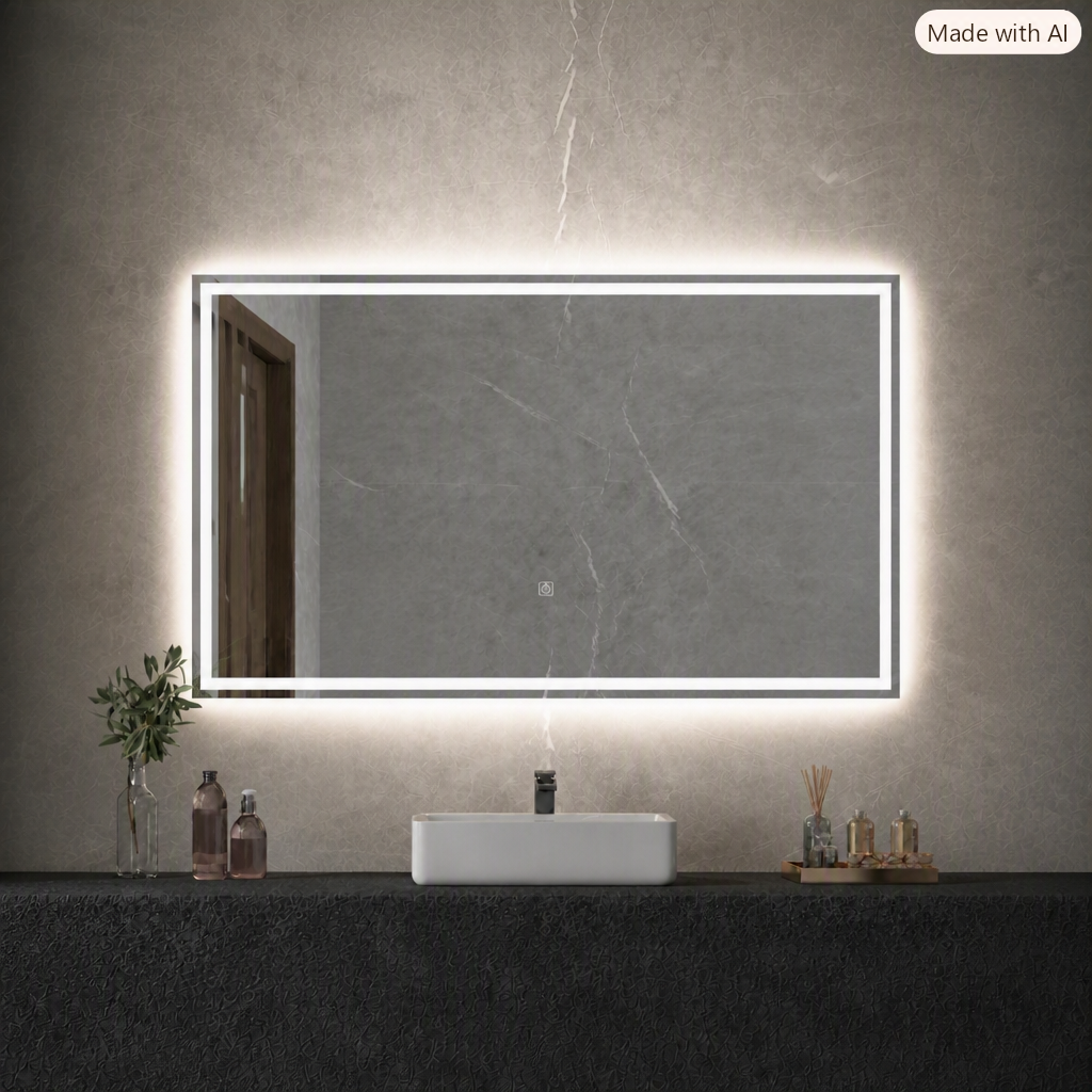 Frameless LED Bathroom Mirror, Inner Etched Front and Backlit - JTBM-R01-Rectangle