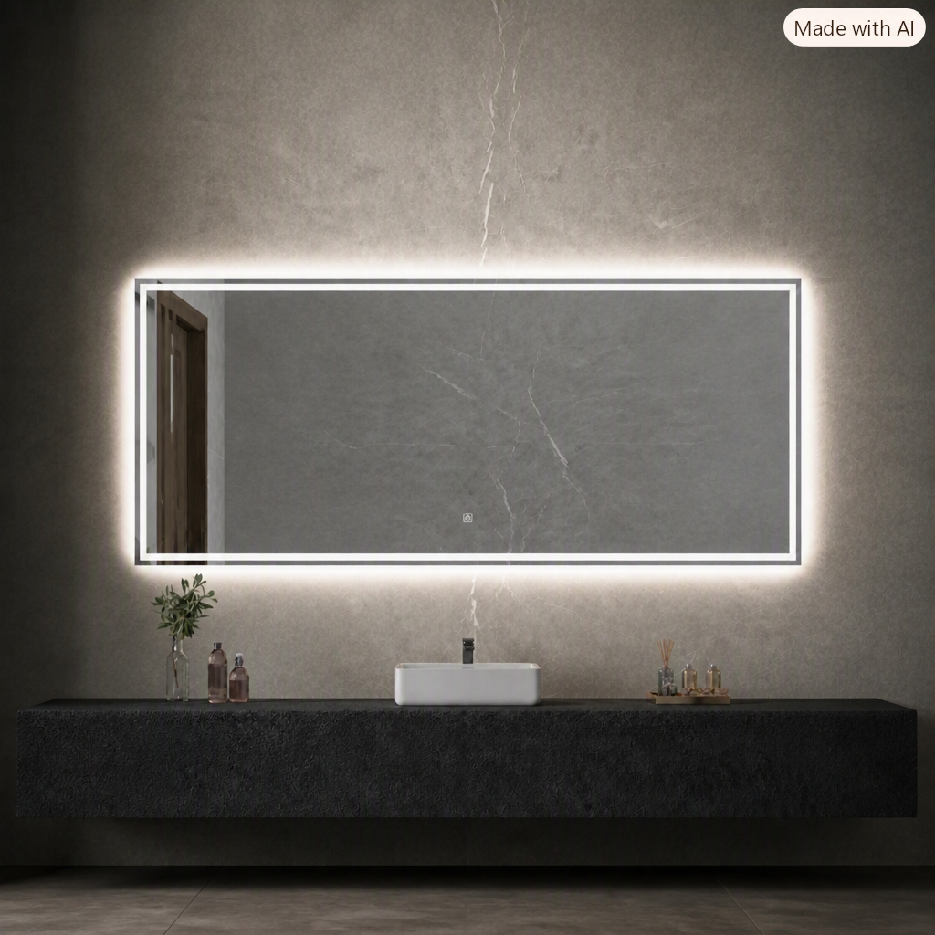 Frameless LED Bathroom Mirror, Inner Etched Front and Backlit - JTBM-R01-Rectangle